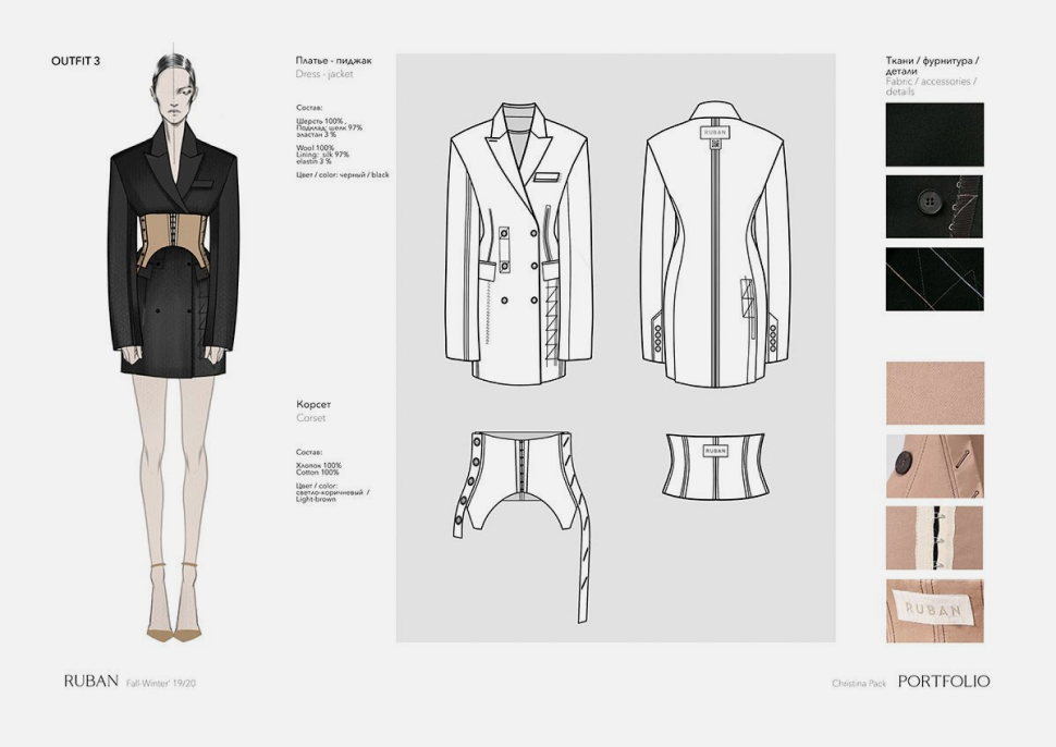 Schizzi e disegni tecnici di una collezione moda